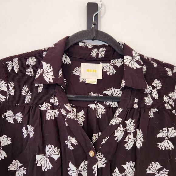 Maeve Anthropologie Button Down Blouse Top Bow Novelty Print Black White 00P - Picture 4 of 7